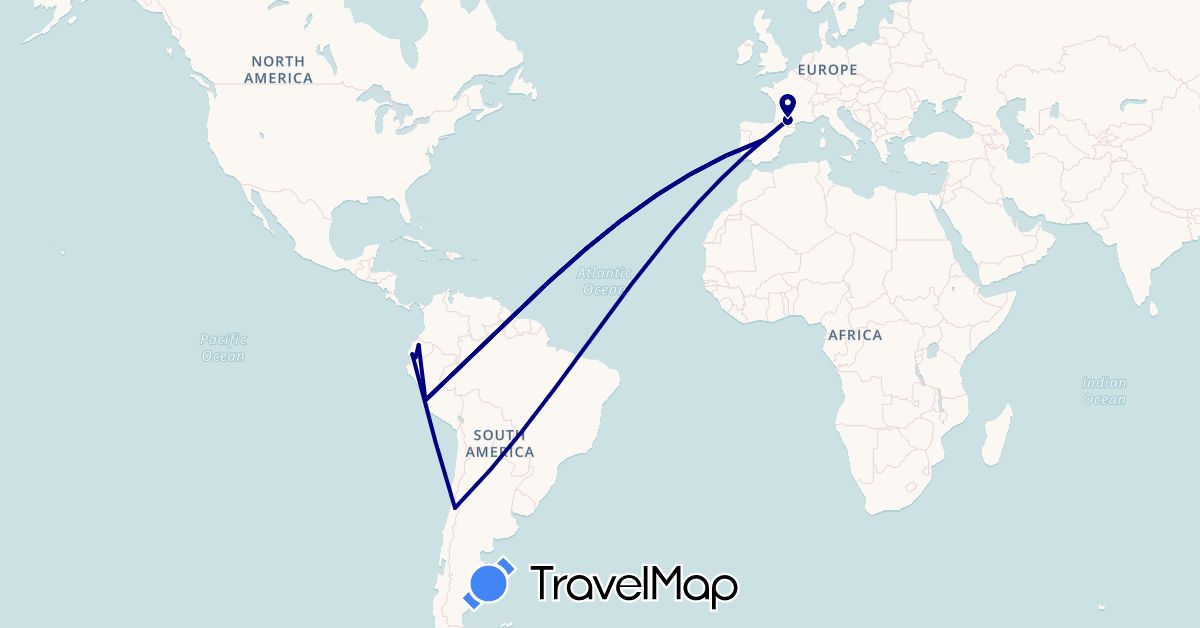 TravelMap itinerary: driving in Chile, Ecuador, Spain, France, Peru (Europe, South America)